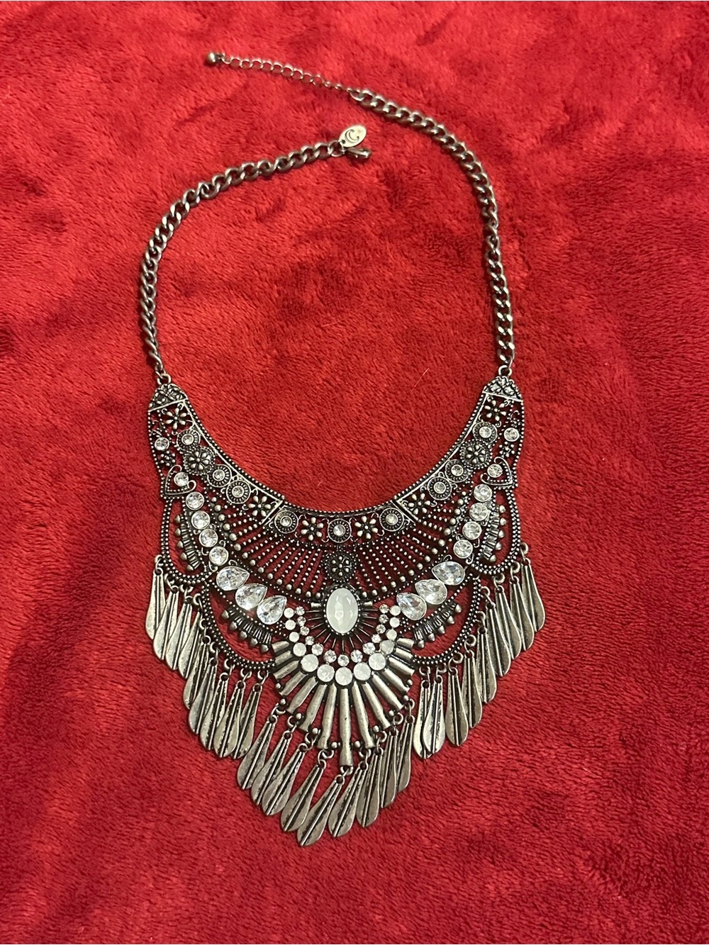 Charming Charlie 12” Tribal Rhinestone Fringe Bib Necklace Silver Tone Boho